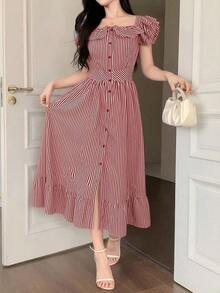 Vestido de tirantes, con volantes, estampado floral diminuto, con cuello de pico, estilo para ir al trabajo, vestido largo - Burdeos - Ver 3