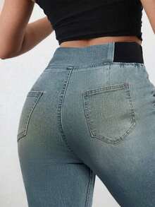 Tall Pantalones vaqueros de mujer casuales, ajustados y elásticos con vuelo, pantalones vaqueros azules ajustados de cintura alta con vuelo para mujeres altas, pantalones vaqueros de verano - Azul lavado medio - Ver 5