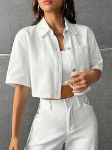 Camisa mezclilla con parche con bolsillo de hombros caídos - Blanco - Ver 4