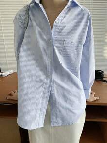 Camisa de manga larga con bolsillo y hombros caídos a rayas verticales, ropa de otoño - Azul y blanco - Ver 3