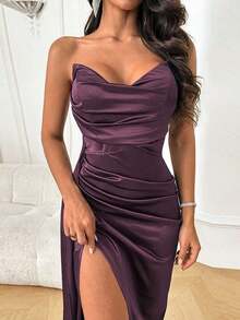 Vestido de verano WOWDARK, vestido elegante de fiesta con cuello en V, cintura con lazo y abertura alta, adecuado para el Día de San Valentín, citas, reuniones, fiestas, viajes, vacaciones, playa y otras ocasiones como bodas y primavera - Morado - Ver 2