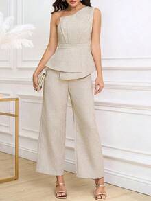 Conjunto de 2 piezas de verano para mujer con top asimétrico de hombro y pantalón recto de tela texturizada color albaricoque, atuendos de verano, ropa de oficina informal para maestras y mujeres de negocios, conjunto de lino con top fuera del hombro y atuendo informal de negocios para mujer - Caqui 2 - Ver 6