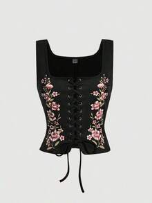 MOD Camiseta de mujer con estampado floral y cordones delanteros - Negro 2 - Ver 1
