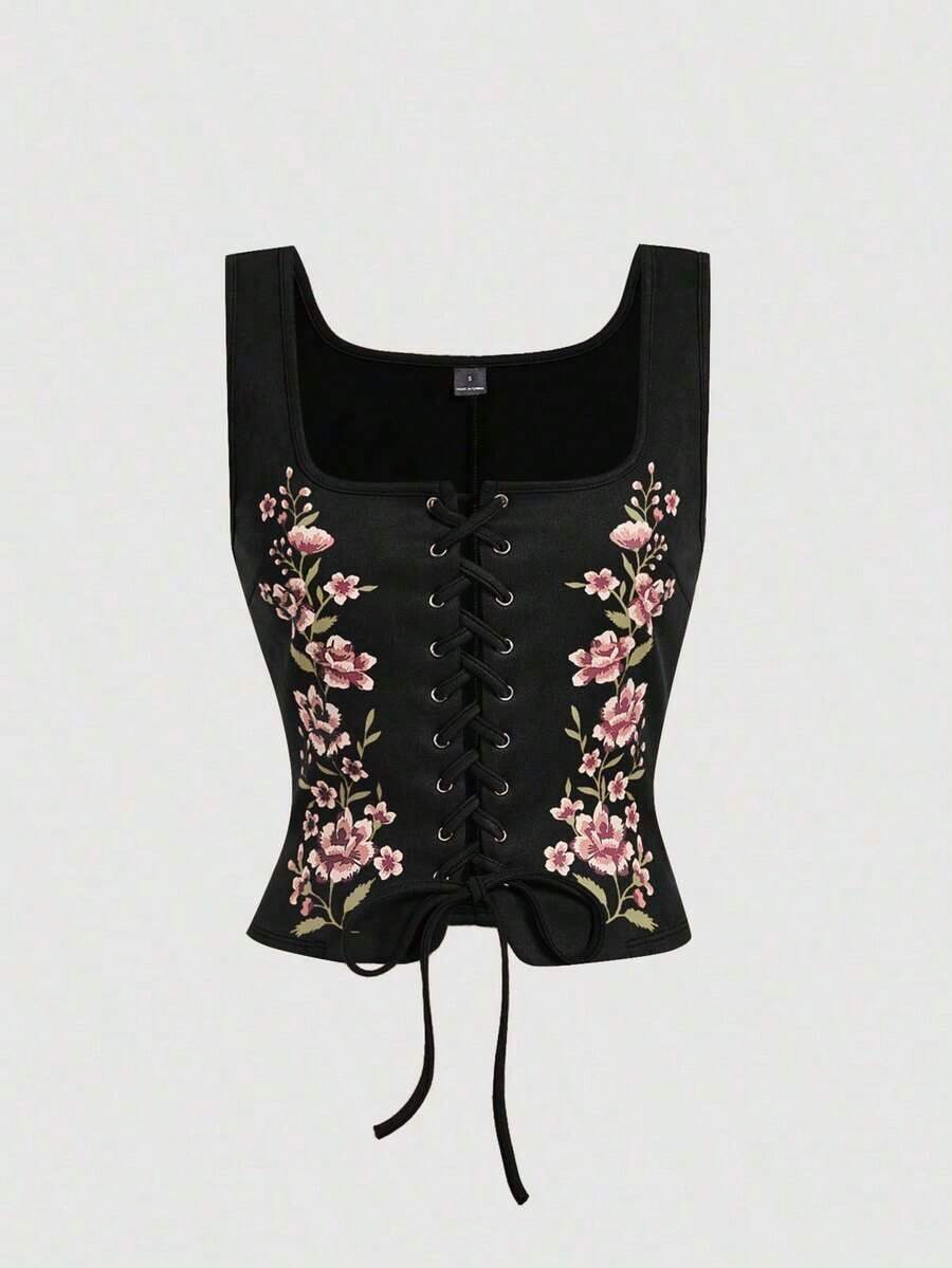 MOD Camiseta de mujer con estampado floral y cordones delanteros - Negro 2 - Ver 1