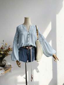 Blusa de encaje azul de manga larga para mujer, adecuada para uso casual, vacaciones, estilo bohemio, festivales de música y otras ocasiones - Celeste - Ver 2