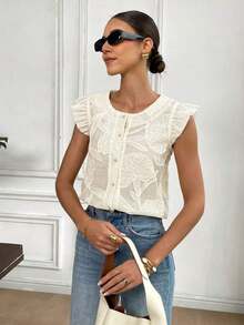 de moda con cuello redondo, abotonada, de manga corta y jacquard, para verano - Albaricoque - Ver 7