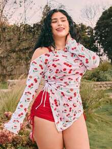 Swim Mod Conjunto de bikini con estampado de cerezas y bloques de color, estilo de vacaciones para chicas de tallas grandes - Multicolor - Ver 3