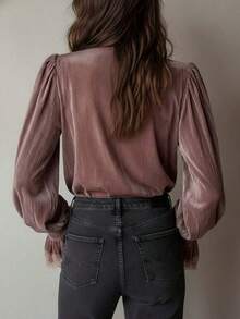 Blusa de terciopelo rosa para mujer, camisa de dama con parches de encaje de unicolor, uso elegante para todos los días en primavera - Rosa vieja - Ver 2