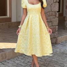 Women's Spring/Summer Elegant Square Neck Petal Sleeve Floral Textured Waist Cinched Flare Hem Midi Dress, Suitable For Vacation, Wedding, Party - Rosa - Ver 7