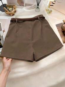 cortos de mujer de estilo minimalista francés, tejidos de unicolor, casuales para ir al trabajo, de cintura alta, con silueta A y pierna ancha, de estilo retro - Marrón - Ver 4