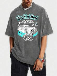 New 2026 Model, 100% Cotton, 230g, Washed T-Shirt For Men With Creative Rock And Roll Print, Elastic Cut, Urban Casual Clothing, Suitable For All Seasons, Unisex Style, Versatile And Slimming, Urban Style, Unique Design, Unisex. - 黑色 - 查看 7