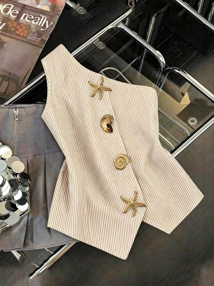 Blusa de mujer con hombro asimétrico, cintura ceñida, hebilla metálica y decoración de estrella de mar - Albaricoque - Ver 1