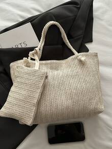 2026 Summer Casual Woven Rope Knot Tote Bag Set, Beach Handbag With Large Capacity, Versatile Essential For Outings - Beige - View 8