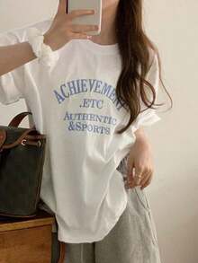 Camiseta de mujer con cuello redondo, manga corta, y bordado con letras, de corte holgado y estilo veraniego - Blanco - Ver 1