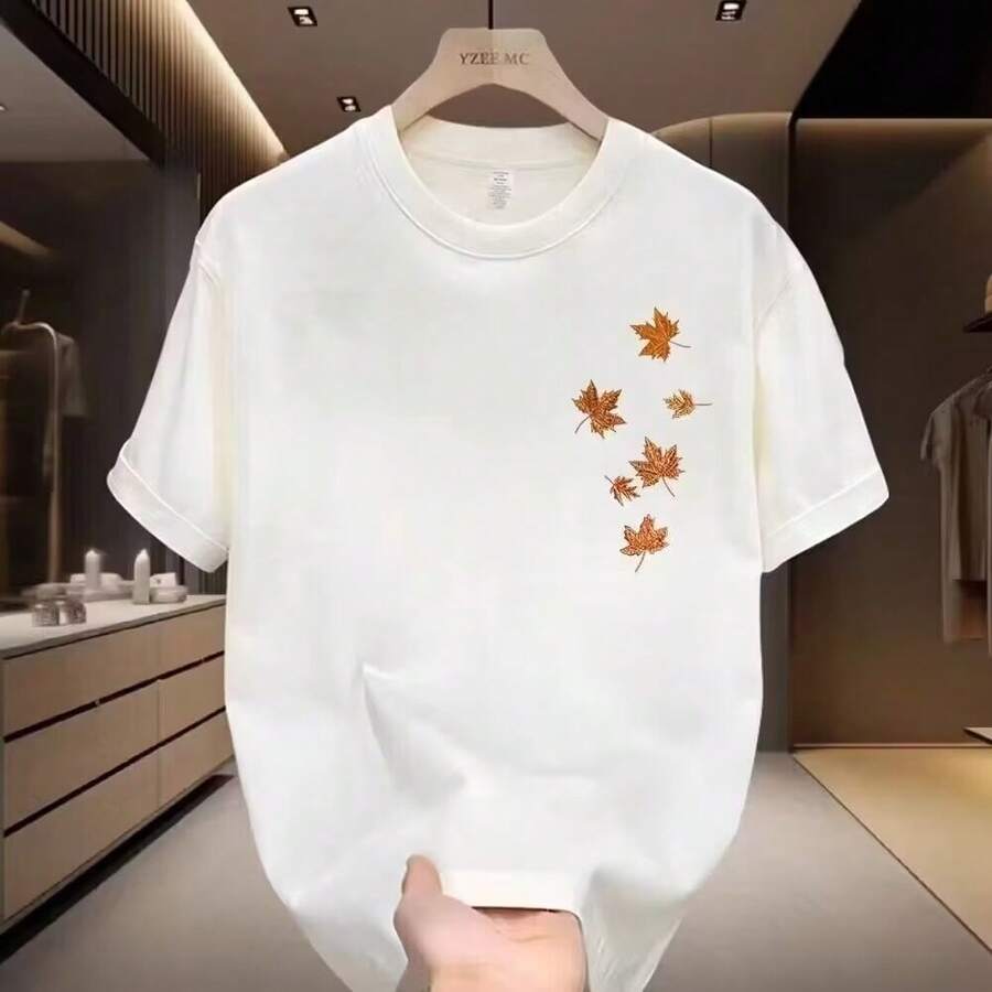 [Zona de 10% de Descuento]  de Outlet: Camiseta de Manga Corta Estilo Americano, Tejido Grueso, Corte Holgado, Cuello Redondo - Blanco - Ver 1