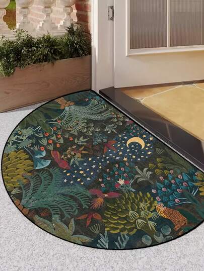 1 Tấm thảm bán nguyệt "Cây đen bao quanh mặt trăng" - Chống trượt, Sợi polyester có thể giặt máy, Thảm trang trí trong nhà/ngoài trời, Thích hợp cho phòng ngủ, lối vào, sân thượng - Thiết kế chủ đề thiên nhiên nghệ thuật, Thảm trải sàn phòng ngủ