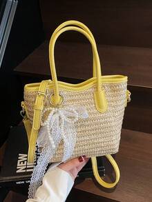 Túi xách nữ dệt màu vàng nhạt thời trang mới với nơ trang trí và dây đeo vai có thể điều chỉnh; Túi đeo vai bằng rơm mùa hè, phong cách thường ngày, thích hợp cho kỳ nghỉ; Túi xách nhỏ đi biển, phù hợp cho sử dụng hàng ngày và du lịch. - Màu vàng - Xem 7