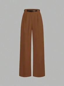 Pantalones rectos de cintura media de unicolor elegante con cinturón, negro, primavera - Óxido marrón - Ver 5