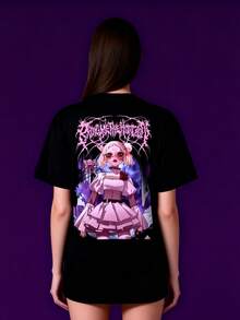 Camiseta Negra Dark Gothic Unisex 100% Algodón Muñeca Anime Estilo Metal Extremo Estampado Delantero y Trasero - Negro - Ver 3