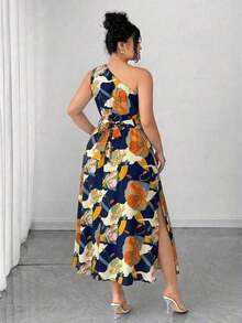 Vestido elegante de mujer de talla grande con estampado floral azul y blanco, elegante y chic para fiestas, graduaciones, vacaciones, festivales, citas, bodas y salidas - Azul marino 3 - Ver 2
