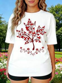 Camiseta manga corta cuello redondo 100% algodón, estampado trendy, tejido ligero y ventilado, estilo moda casual, apta para vida diaria, salidas informales y citas en primavera, verano y otoño - Blanco 1 - Ver 1