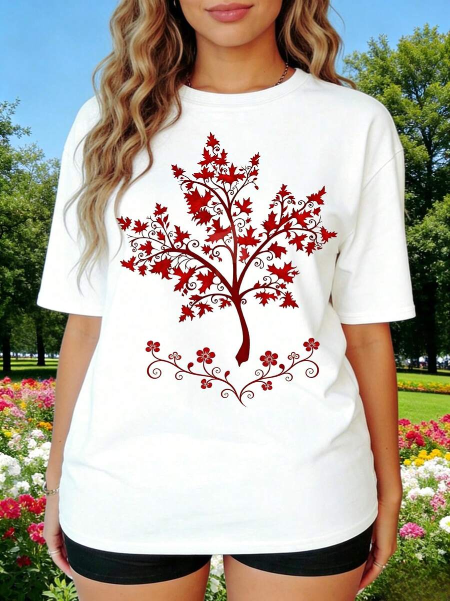 Camiseta manga corta cuello redondo 100% algodón, estampado trendy, tejido ligero y ventilado, estilo moda casual, apta para vida diaria, salidas informales y citas en primavera, verano y otoño - Blanco 1 - Ver 1
