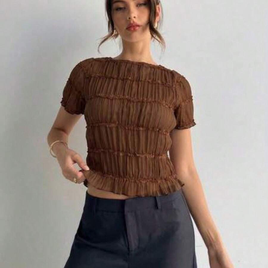 Blusa de mujer elegante de chifón y encaje con parches en color albaricoque - Café integral - Ver 1