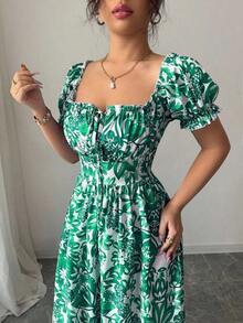 Nuevo Vestido Largo Elegante de Mujer con Mangas de Globo de Estampado Digital, Nudo Delantero, Recorte Trasero en la Cintura, Favorecedory Encantador para Vacaciones y Citas Nocturnas - Verde - Ver 7