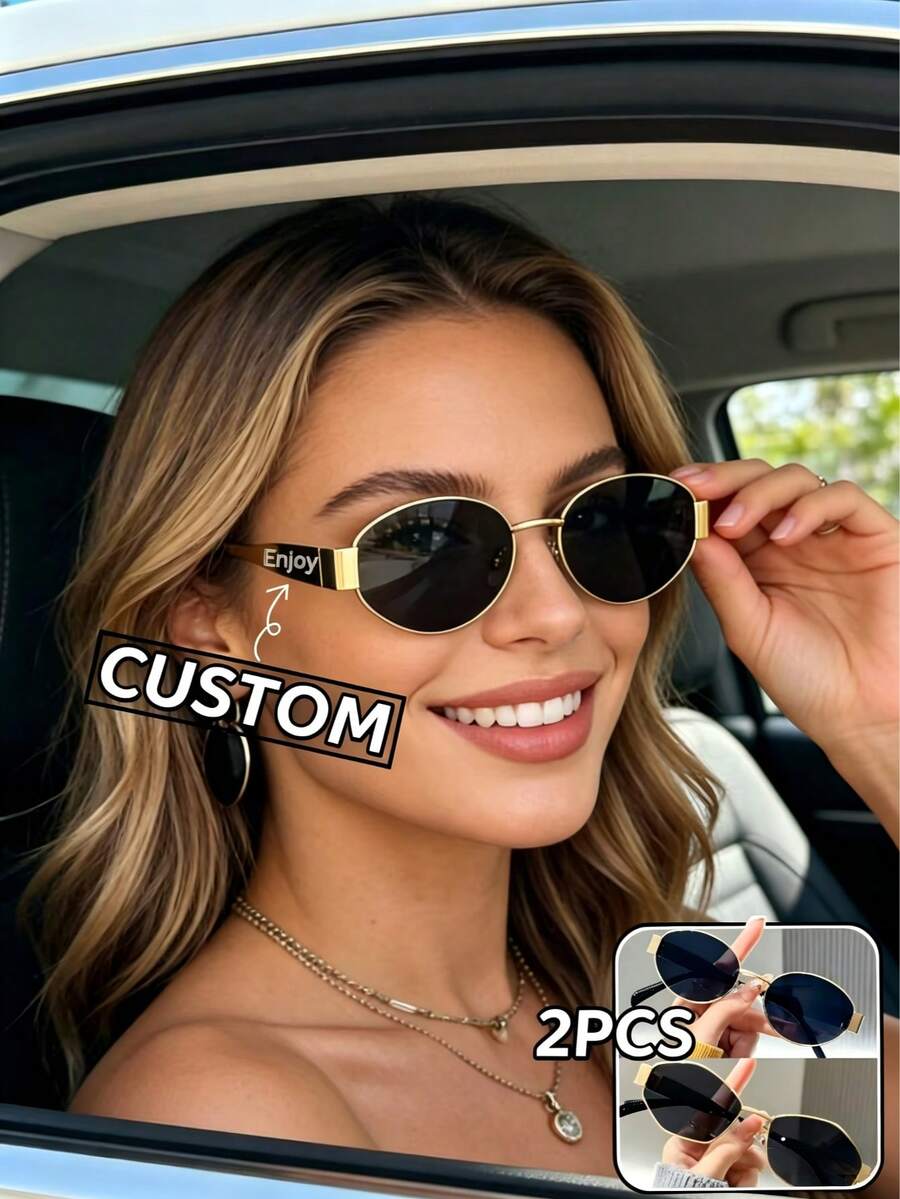 Customized Fashion Glasses For Women, Personalized With Name, Text, Blessing, Etc. Two Different Frame Styles, Popular Fashion Glasses Suitable For Matching Outfits, Travel, Cycling, Driving, Unisex Design, Customize Your Unique Glasses! - Gold - View 1