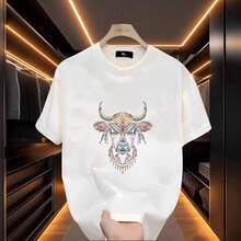 [Ropa de Hombre de Alta Calidad]Camiseta de Manga Corta de Algodón Puro, Versátil, Corte Holgado, Estampado Minimalista, Diseño Creativo, Marca de Moda 1JPE - 250 g de algodón puro - vaca de ojos blancos - Ver 4