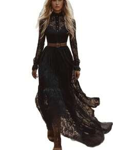 Vestido largo mujer primavera otoño, negro cuello redondo cremallera encaje jacquard calado elegante - Negro - Ver 3