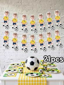 7/14/21pcs Customized Soccer Player Photo Banner, Personalized Face Soccer Banner, Hanging Decorative Flag, Soccer Background Wall, Sports Party Happy Birthday Celebration, For Boys, Party Supplies - Multicolor - View 22