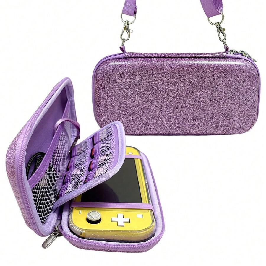 Sparkly Purple Protective Case For Switch Lite Series, Hard EVA Travel Bag With Detachable Crossbody Strap, Anti-Scratch Organizer For Console & Accessories,Shockproof Portable Travel Storage Bag With Crossbody Strap & Game Card Slots - View 1