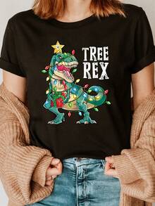 Camiseta de verano con estampado de dinosaurio y luces navideñas en forma de Y, manga corta, cuello redondo, ideal para primavera y verano, ropa de mujer - Negro - Ver 2