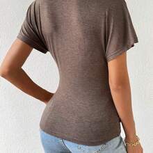 Women Summer Solid Color Pleated Slim Fit V-Neck Short Sleeve Casual T-Shirt - Negro - Ver 5