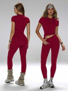 Conjunto de yoga para mujer, pantalones deportivos de cintura alta, conjunto deportivo moldeador de 2 piezas, conjunto de yoga con control de abdomen, camiseta de cuello redondo ajustada emparejada con pantalones de yoga de cintura alta, conjunto esen - Rojo - Ver 2