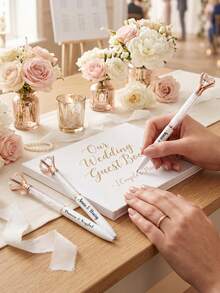 1pc Personalized Rose Gold Diamond Wedding Pen, Custom Text Engraved Crystal Ballpoint Pen For Guest Book,Rose Gold Diamond Top Crystal Pen, Ideal Bridal Shower & Wedding Keepsake Gift - Multicolor - View 5