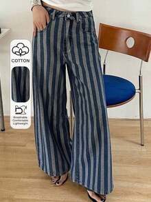 Jeans casuales de mujer de pierna ancha, unicolor, con bolsillo cargo suelto - Azul - Ver 9