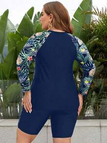 Swim Lushoire Conjunto de bikini sin mangas y con talla grande con estampado aleatorio - Azul marino - Ver 2