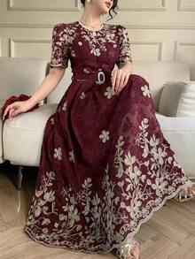 Vestido elegante de encaje de alta calidad con cintura ajustable, bordado, de estilo coreano suave y elegante - Burdeos - Ver 4