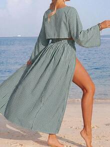 Swim Vcay Conjunto de dos piezas de cubrecuerpo casual de manga larga y abertura para la playa en color blanco para mujer - Verde Oscuro - Ver 2