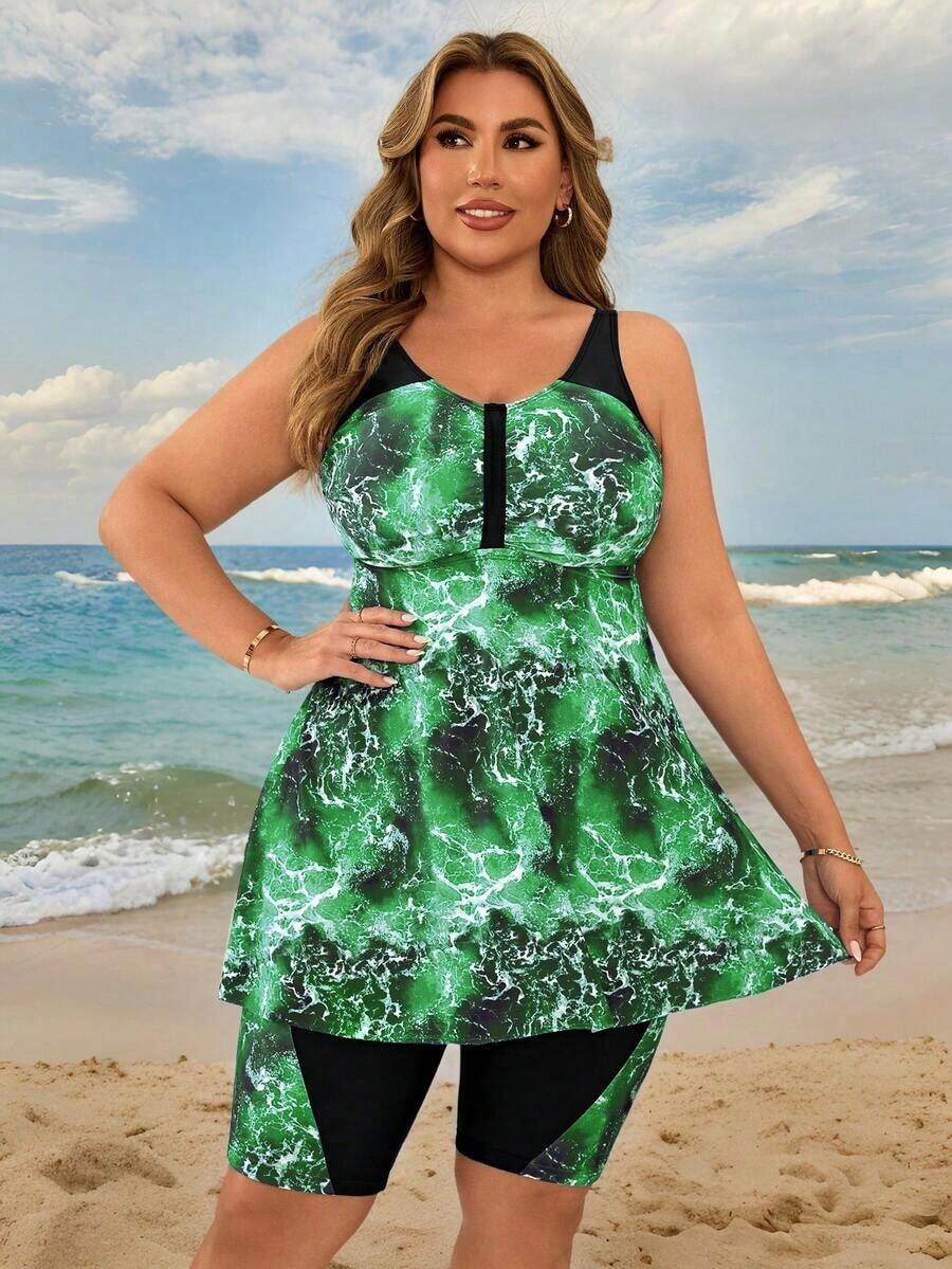 Swim Lushoire Conjunto de tankini de mujer talla grande con estampado de teñido anudado azul y blanco para playa y vacaciones - Verde 3 - Ver 1