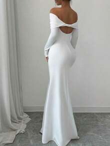 YHHRafferiza Vestido de punto acanalado con manga larga ceñida a la cintura, doble capa, hombros descubiertos, espalda descubierta, efecto retorcido y bajo tipo cola de pez, color blanco, para mujer, estilo otoño/invierno maxiYHH - Verde Gris - Ver 11
