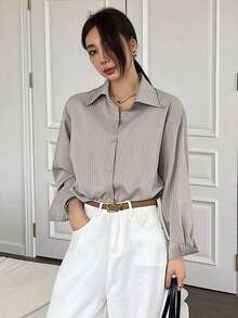 Camisa casual/escolar holgada a rayas para mujer, top de manga larga de estilo preppy para mujer, ropa de otoño - Caqui 2 - Ver 8