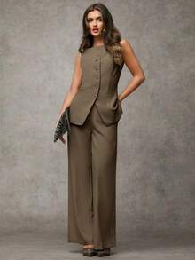 Traje de pantalón sin mangas negro para mujer con detalles de botones dorados con rosas, casual de negocios para otoño/invierno - Marrón 2 - Ver 8