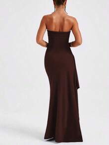 1 pieza Vestido casual de verano elegante negro con diseño de parte superior tipo tubo, espalda abierta, fruncido y abertura frontal, de moda sexy - Cafetería - Ver 3