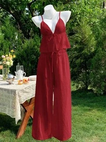 2 piezas de top de tirantes y pantalones de lino de verano para mujeres - Burdeos - Ver 3