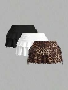 Set de 3 faldas casuales minimalistas con pliegues en la cintura en color negro, blanco y rojo vino, adecuadas para conciertos, cruceros y clubes - Multicolor 6 - Ver 3