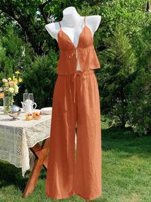 2 piezas de top de tirantes y pantalones de lino de verano para mujeres - Naranja Quemada - Ver 3