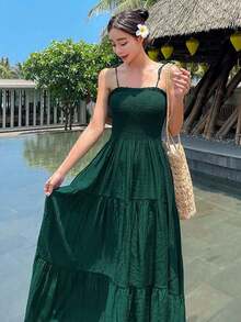 Vestido sin mangas elegante, estilo de alta gama para vacaciones, cruceros de verano, atuendos de mujer bohemios - Verde Oscuro - Ver 6